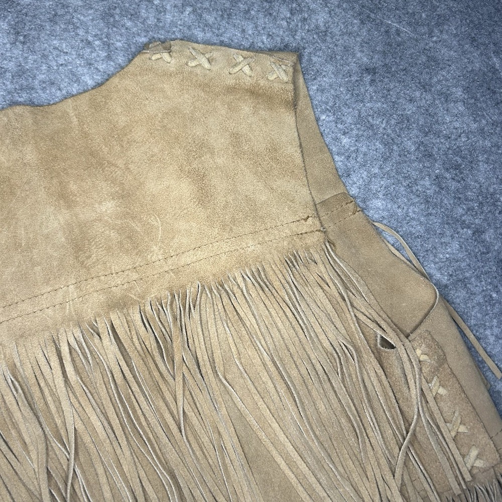 Vtg 70s Women's S Cropped Beige Suede Leather Fringe Vest Handmade - Picture 12 of 13